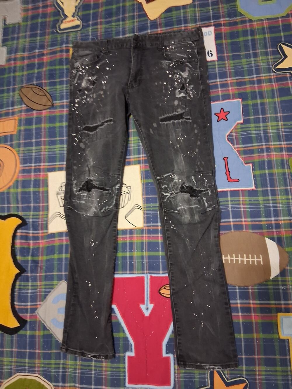 Smoke Rise Black Jeans Mens Size 36x34 Distressed Paint Splatter Biker Skinny
